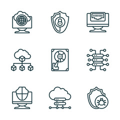 set of 9 linear icons from internet security concept. outline icons such as internet connection, insecure, ethernet, computer security, cloud server, malware vector