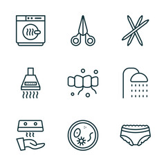 set of 9 linear icons from hygiene concept. outline icons such as dryer, nail scissors, toothpick, hand dryer, pathogen, underwear vector