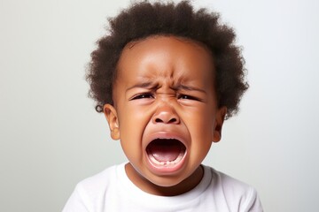 Close-up photo of cute little black baby boy child crying