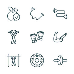 set of 9 linear icons from gym and fitness concept. outline icons such as good diet, exercise bands, resistance band, bar exercising, weight drive, fitness wheel vector