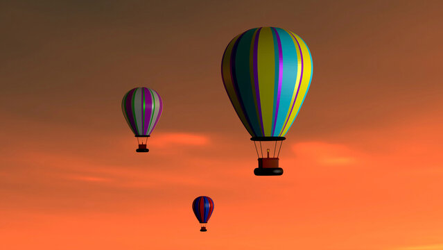 Three hot air balloons flying in the sky 3d rendering.