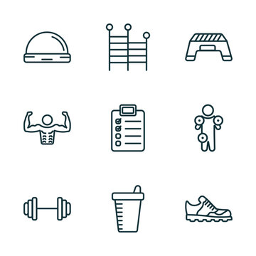 set of 9 linear icons from gym and fitness concept. outline icons such as bosu ball, gym ladder, fitness step, barbell weightlifting, protein shake, trainers vector