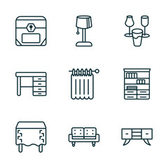 set of 9 linear icons from furniture & household concept. outline icons such as chest, bedroom lamp, glassware, table linens, couch, credenza vector