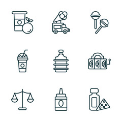 set of 9 linear icons from food concept. outline icons such as healthy shakes, ice cream truck, lollypop, scale balanced tool, condiment, dairy vector