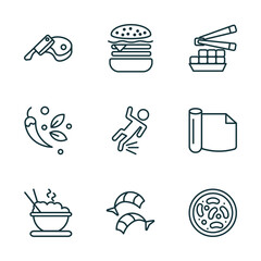 set of 9 linear icons from food concept. outline icons such as butcher, hamburguer, fried tofu curd balls, dandan noodles, shrimps, red bean soup vector