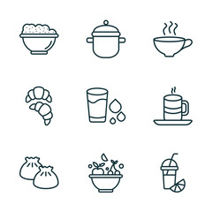 Obraz premium set of 9 linear icons from food concept. outline icons such as risotto, kitchen pot, coffee cup with steam, dumpling, healthy nutrition, fresh smoothie vector
