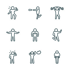 set of 9 linear icons from feelings concept. outline icons such as curious human, super human, pumped human, confused stressed guilty vector