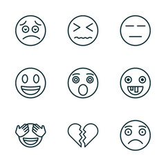 Obraz premium set of 9 linear icons from emoji concept. outline icons such as worried emoji, desperate emoji, expressionless shy broken heart slightly frowning vector