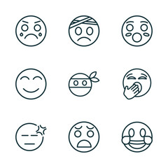 set of 9 linear icons from emoji concept. outline icons such as cry emoji, injured emoji, hushed headache anguished laugh vector