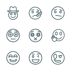 set of 9 linear icons from emoji concept. outline icons such as cowboy hat emoji, ill emoji, confused drool wink proud vector