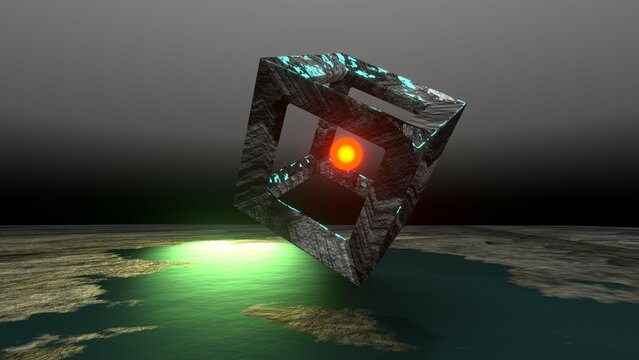 Flying cube and glowing sphere over the water 3d rendering.