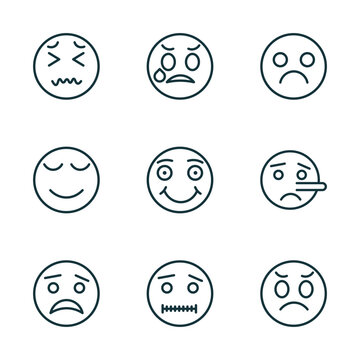 set of 9 linear icons from emoji concept. outline icons such as disgusted emoji, disappointed emoji, sad scared quiet dissapointment vector
