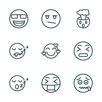 set of 9 linear icons from emoji concept. outline icons such as nerd emoji, bored emoji, exploding head sleep sick -mouth vector