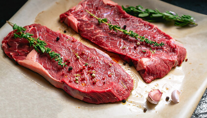 Succulent tender raw lean beef steaks lying on a sheet of oven paper in the kitchen topped with fresh herbs and spices ready to be cooked for dinner