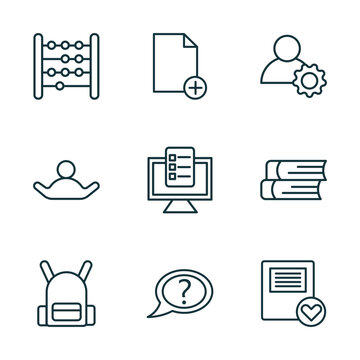 set of 9 linear icons from education concept. outline icons such as abacus, new document, users tings, school bag, unknown topic, favorite book vector