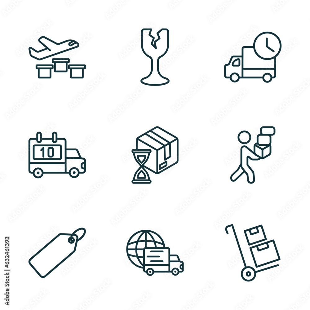 Poster set of 9 linear icons from delivery and logistic concept. outline icons such as delivery by plane, f