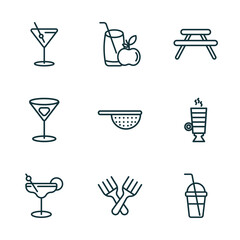 set of 9 linear icons from drinks concept. outline icons such as manhattan drink, juice, picnic table, margarita, forks, smoothie vector