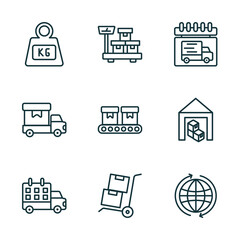 set of 9 linear icons from delivery and logistic concept. outline icons such as weight, delivery weighing, delivery day, schedule, freight, worldwide vector