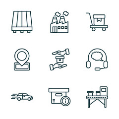 set of 9 linear icons from delivery and logistic concept. outline icons such as pallet, factory, delivery cart, delivery by car, info, x ray vector