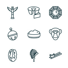 set of 9 linear icons from culture concept. outline icons such as native american totem, bolo de fuba, pa kua mirror, beijing roast duck, indian headdress, wontons vector