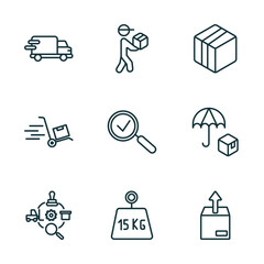 set of 9 linear icons from delivery and logistic concept. outline icons such as delivery truck, courier, box, logistics, weight limit, unpacking vector