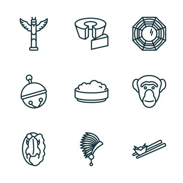 set of 9 linear icons from culture concept. outline icons such as native american totem, bolo de fuba, pa kua mirror, beijing roast duck, indian headdress, wontons vector