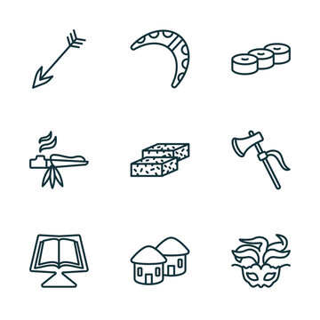 set of 9 linear icons from culture concept. outline icons such as native, australian boomerang, mantecados, quran book, indian village, brazil carnival mask vector