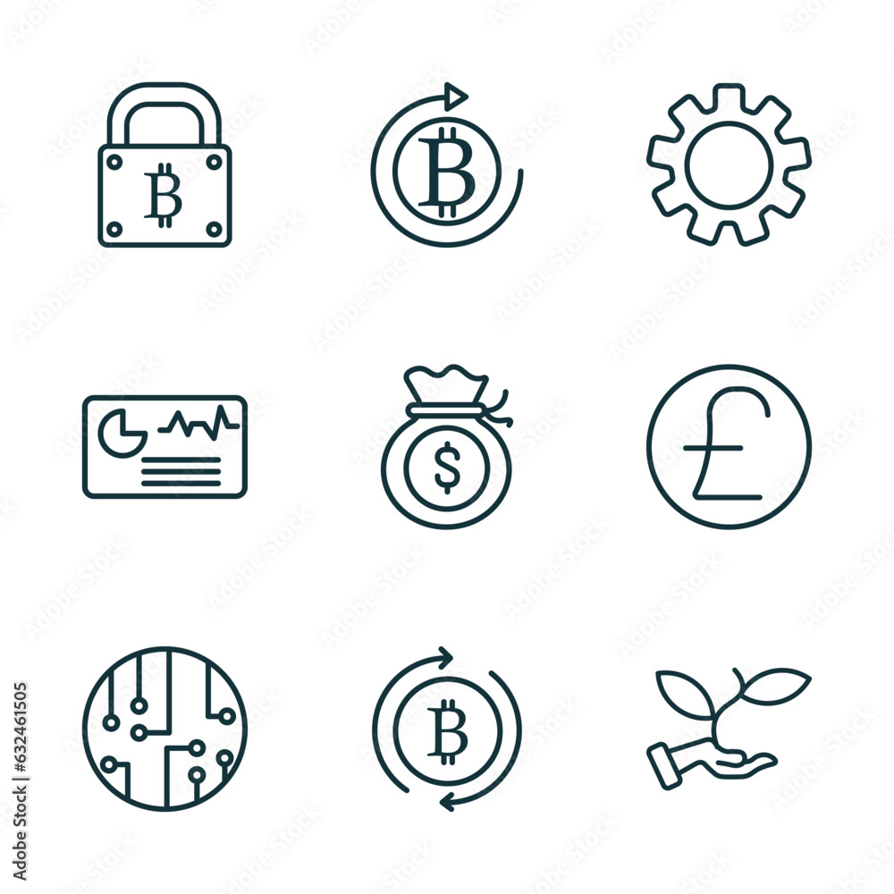 Poster set of 9 linear icons from blockchain concept. outline icons such as bitcoin encryption, crypto inve