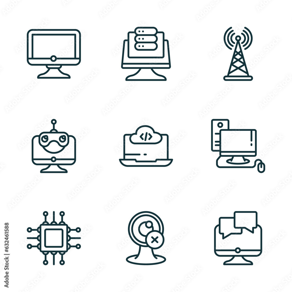 Poster set of 9 linear icons from computer concept. outline icons such as full computer, data page, wireles