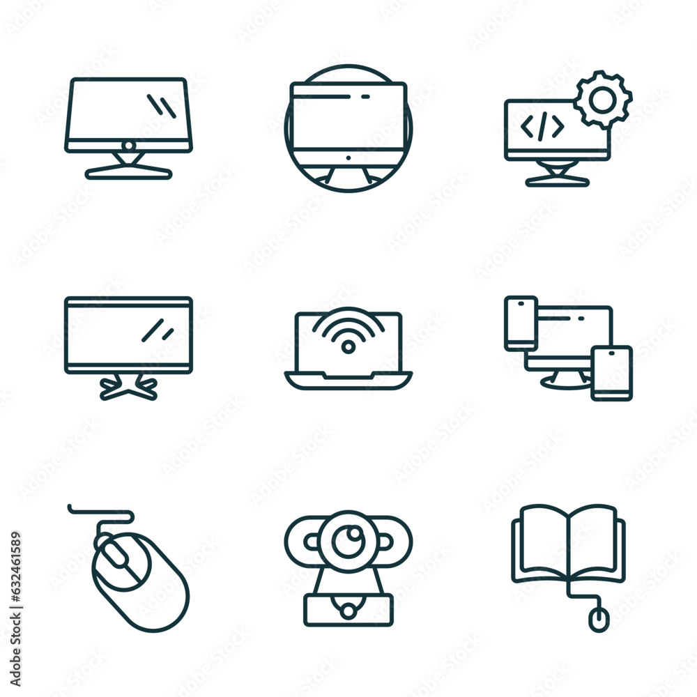 Poster set of 9 linear icons from computer concept. outline icons such as monitor screen, circular de, deve