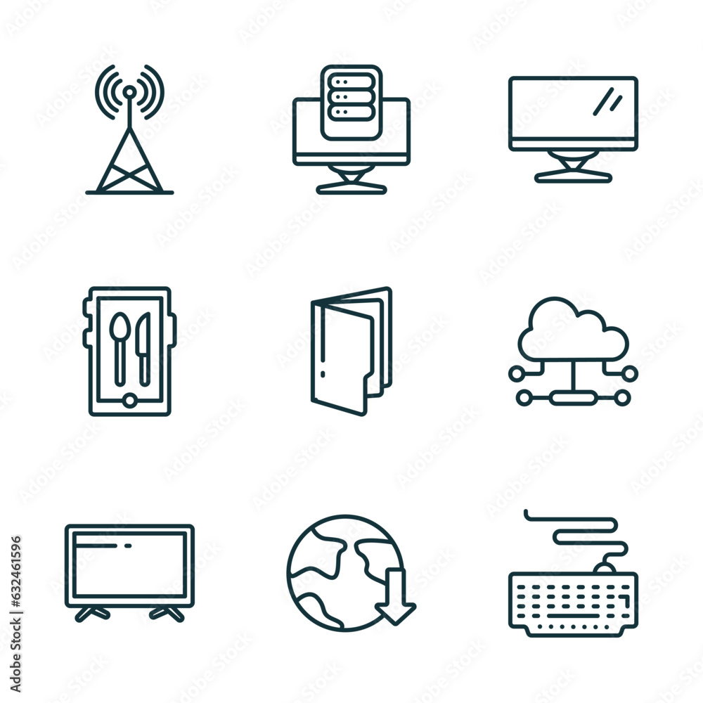 Poster set of 9 linear icons from computer concept. outline icons such as telecommunications, pc storage, c