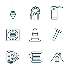 set of 9 linear icons from construction tools concept. outline icons such as plumb bob, improvement, blowtorch, pantone, copper, roof vector