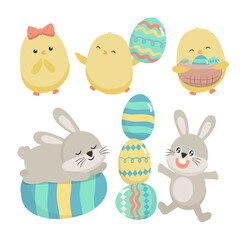 Happy Easter greeting design with cute Rabbit chick and eggs