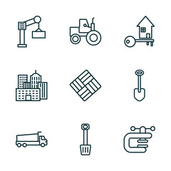 set of 9 linear icons from construction concept. outline icons such as derrick with boxes, steamroller, home key, tipper, inclined shovel, vise vector