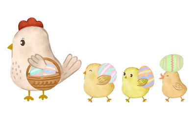 Cute hen and three chick walking with beautiful easter eggs
