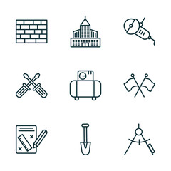 set of 9 linear icons from construction concept. outline icons such as brickwall, big building, angle grinder, measures plan, short shovel, drawing compass vector