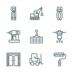 set of 9 linear icons from construction concept. outline icons such as big clippers, demolition, inclined clippers, doors open, trolley truck, roller and paint vector