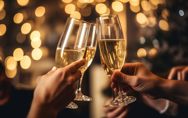 Close up of people toasting with christmas champagne glasses. Generative AI 
