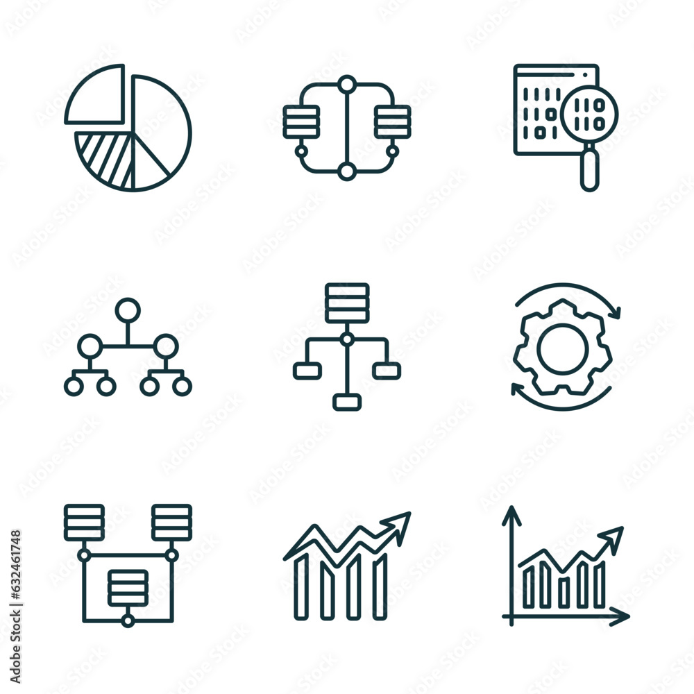 Poster set of 9 linear icons from business and analytics concept. outline icons such as chart pie, connecte