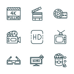 set of 9 linear icons from cinema concept. outline icons such as 4k fullhd, cinema clapperboard, film reel playing, 3d glass, 1080p hd tv, popcorn bag vector