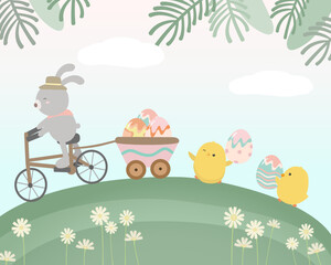 Happy Easter greeting design with cute Rabbit chick and eggs