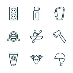 set of 9 linear icons from camping concept. outline icons such as outlet, thermo, carabiner, sun lotion, hunting trophy, jockey vector