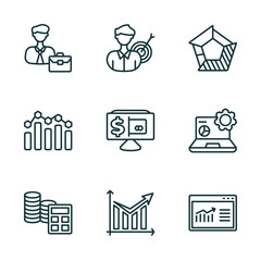 set of 9 linear icons from business concept. outline icons such as worker, businessman analysis, polygonal chart, spending, diagram, data vector