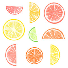Slices of various citruses on white