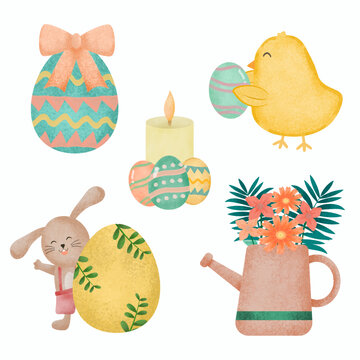 Happy Easter greeting design with cute Rabbit chick and eggs