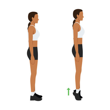 Woman doing tip toe pose move for reduce leg cellulite. Workout diagram about Calves reduction for slim leg.