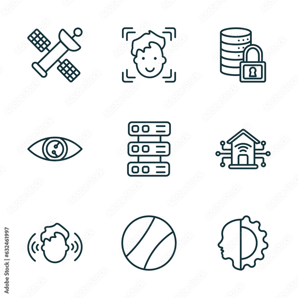 Poster set of 9 linear icons from artificial intellegence concept. outline icons such as outer space, face 