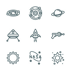 set of 9 linear icons from astronomy concept. outline icons such as galaxy view, galaxy, saturn, big sun shining, , supernova vector