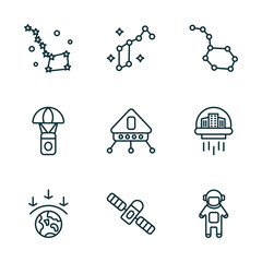 set of 9 linear icons from astronomy concept. outline icons such as ursa major, lyra constellation, constellation, aerosphere, space module, spaceman vector