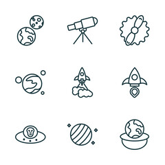 set of 9 linear icons from astronomy concept. outline icons such as earth and moon, telescope pointing up, gamma ray, alien with aqualung, uranus with satellite, relativity vector